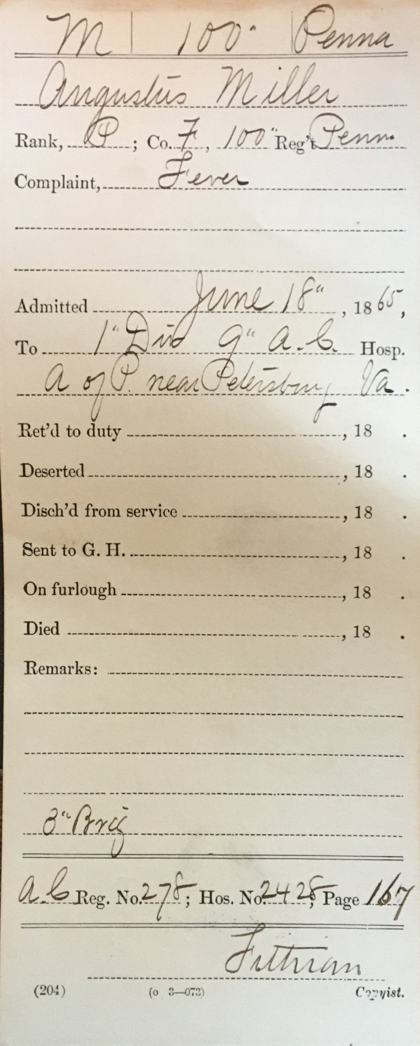 Union Army Civil War pension file and carded medical records (no service records)