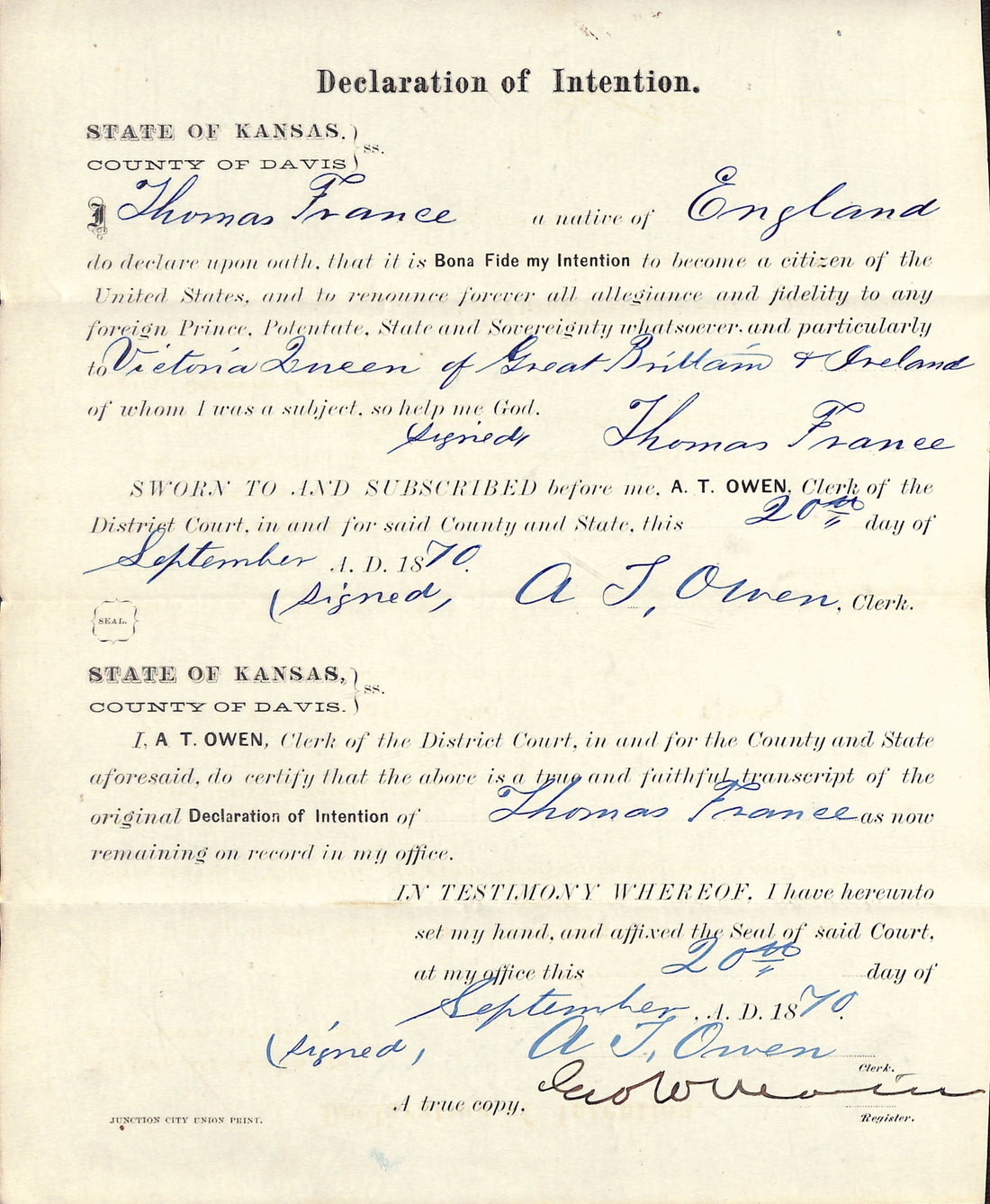 Naturalization papers in a Homestead packet