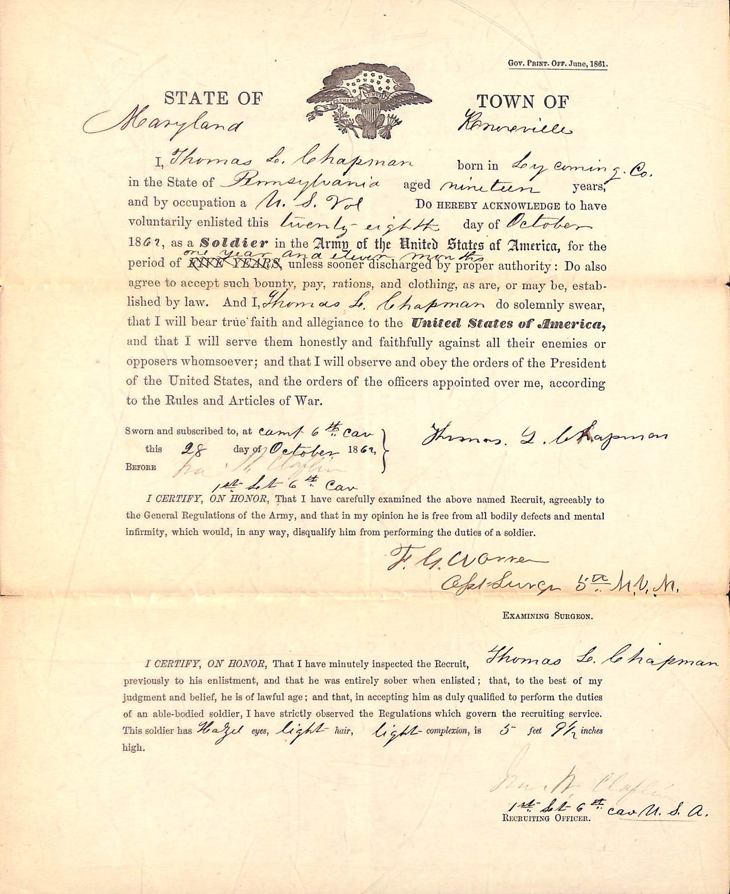 Regular army Enlistment Papers